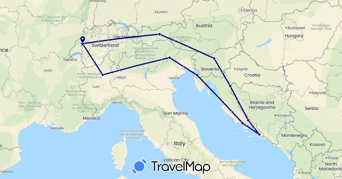 TravelMap itinerary: driving in Austria, Switzerland, Croatia, Italy, Slovenia (Europe)